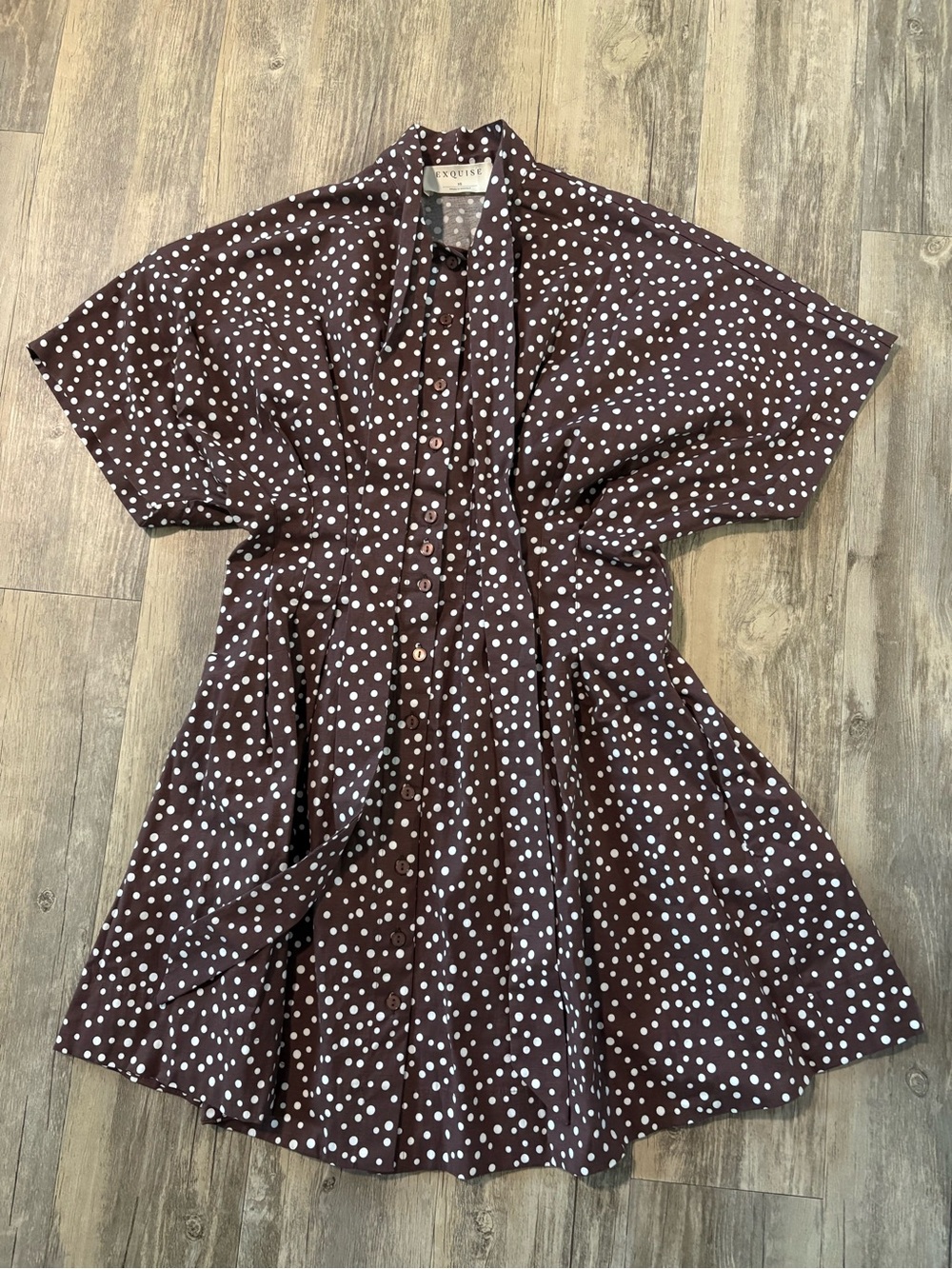 Anthropologie The Tobie Tie Neck Shirt Dress by Exquise Brown Polka Dot Size XS - Picture 2 of 13
